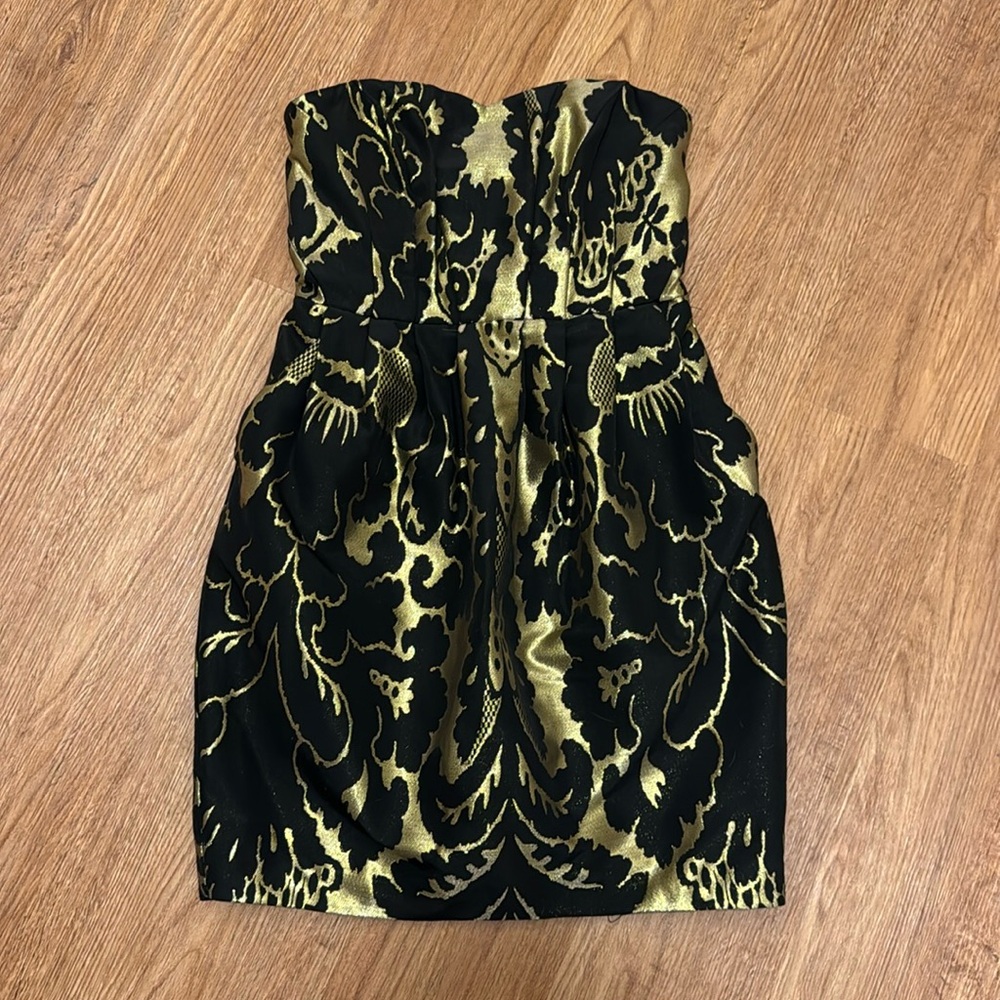 H&M Black & Gold Damask Strapless Mini Dress
